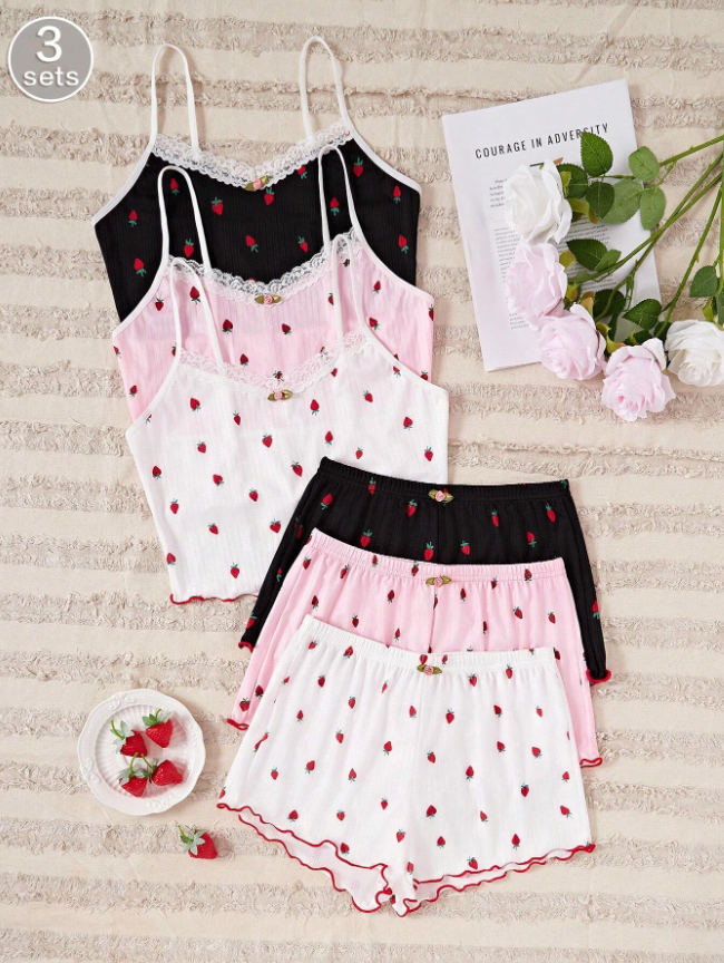 Pague 2 Leve 3  - Conjunto Pijama Feminino com Cor Sólida e Estampa de Morango com Babado, Confortável e Respirável