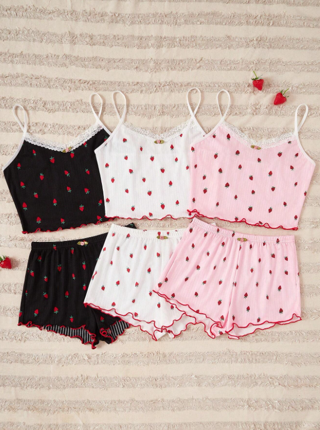 Pague 2 Leve 3  - Conjunto Pijama Feminino com Cor Sólida e Estampa de Morango com Babado, Confortável e Respirável