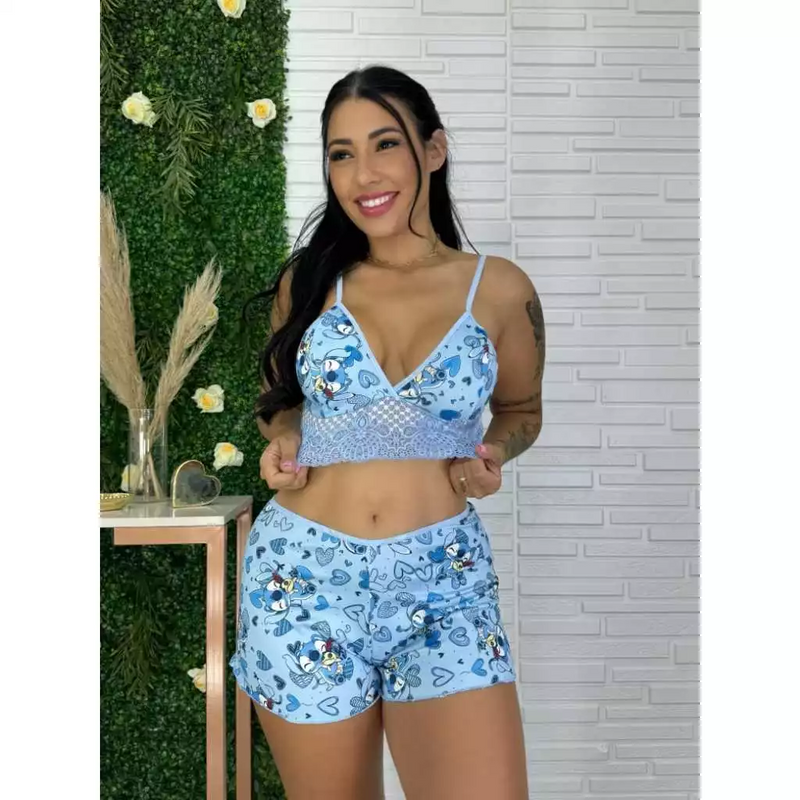 Pague 2 Leve 5 Conjunto Short Doll Curto Pijama de Dormir Estampado Feminino Personagem Short Doll