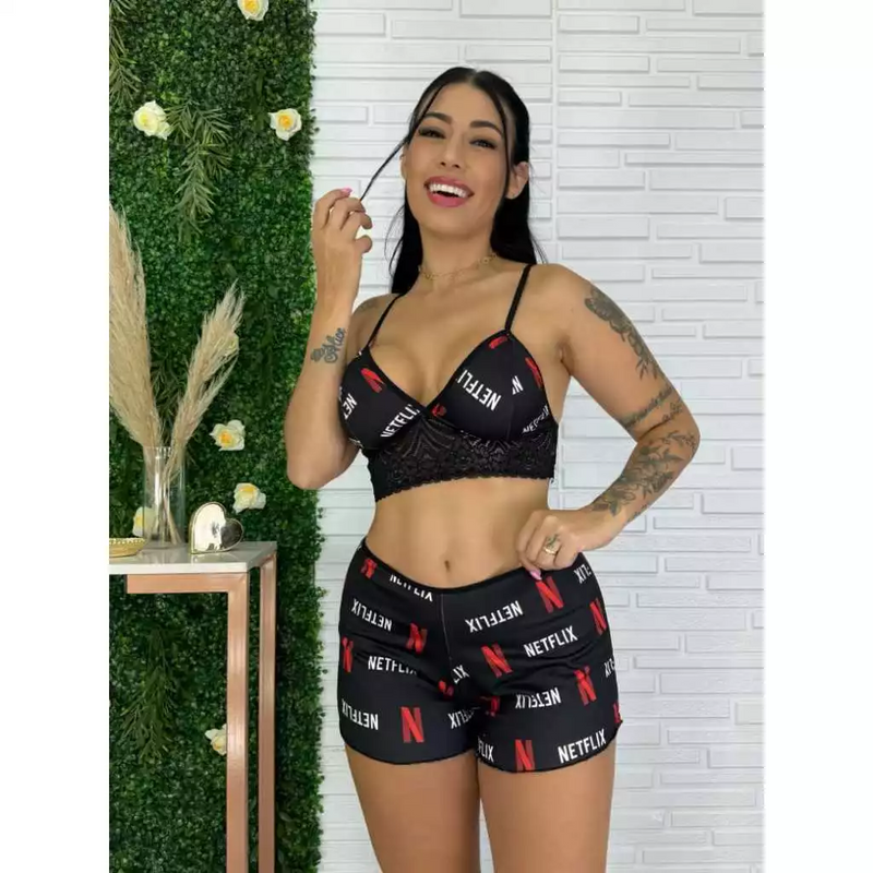 Pague 2 Leve 5 Conjunto Short Doll Curto Pijama de Dormir Estampado Feminino Personagem Short Doll