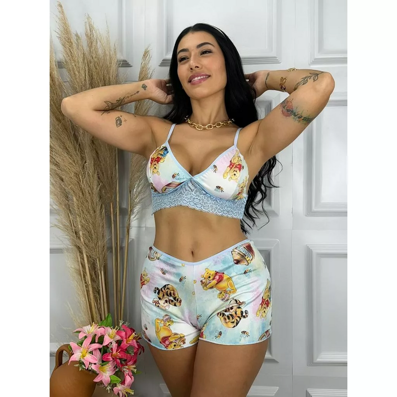 Pague 2 Leve 5 Conjunto Short Doll Curto Pijama de Dormir Estampado Feminino Personagem Short Doll