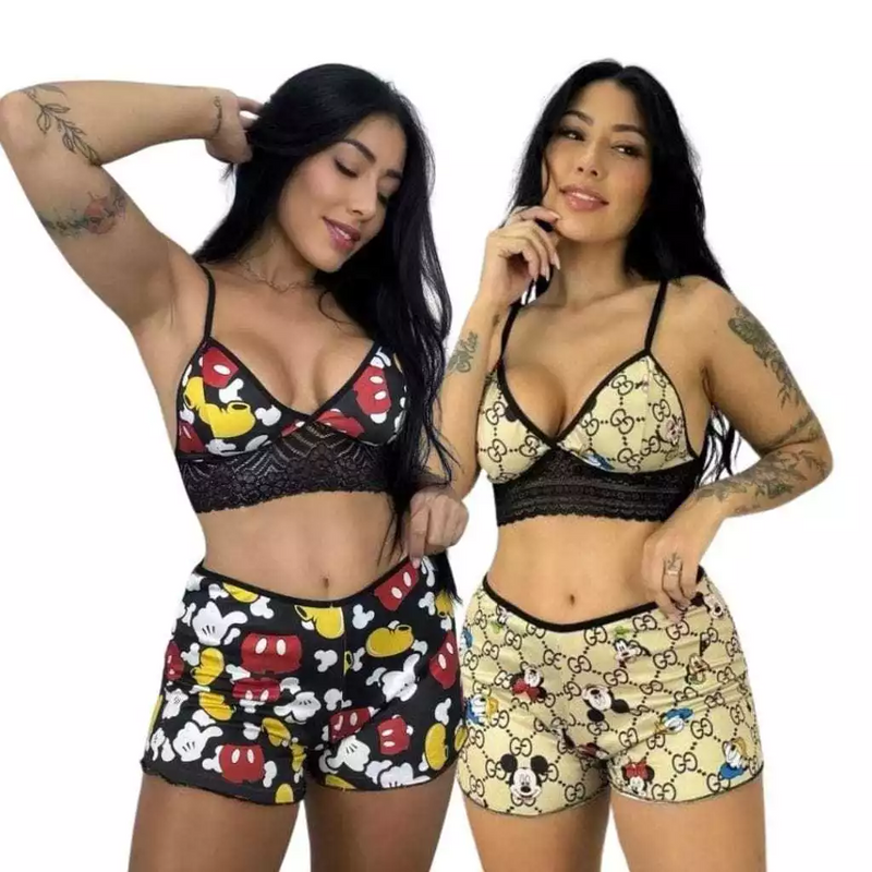 Pague 2 Leve 5 Conjunto Short Doll Curto Pijama de Dormir Estampado Feminino Personagem Short Doll