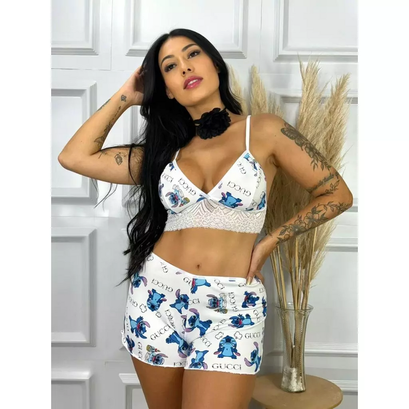 Pague 2 Leve 5 Conjunto Short Doll Curto Pijama de Dormir Estampado Feminino Personagem Short Doll